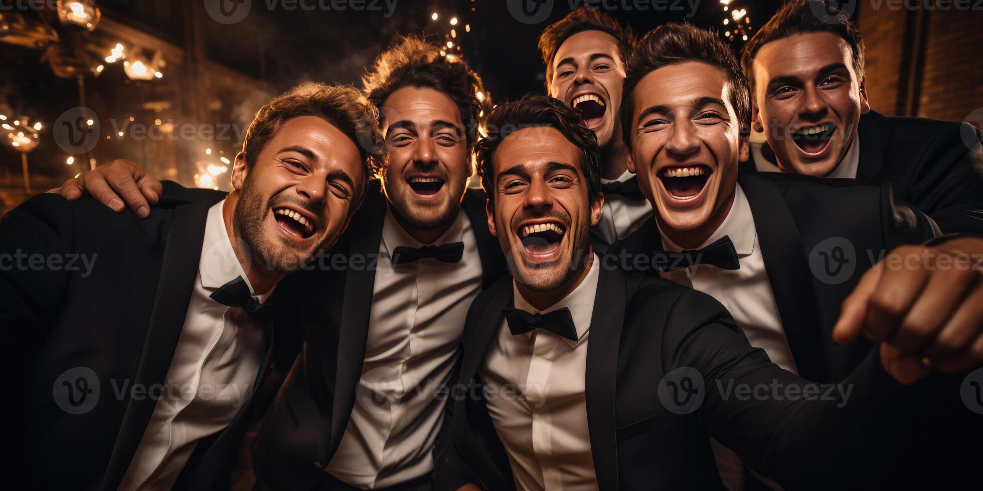 AI generated Friends, with an outdoor wedding selfie, celebrating happiness. Photo, happy friends. Generative AI photo