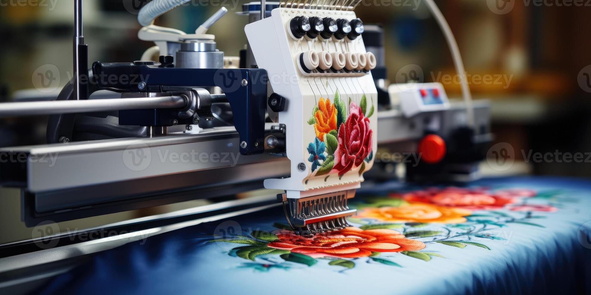 AI generated Beautiful multi-colored bright machine embroidery. Digital textile industry. Generative AI photo