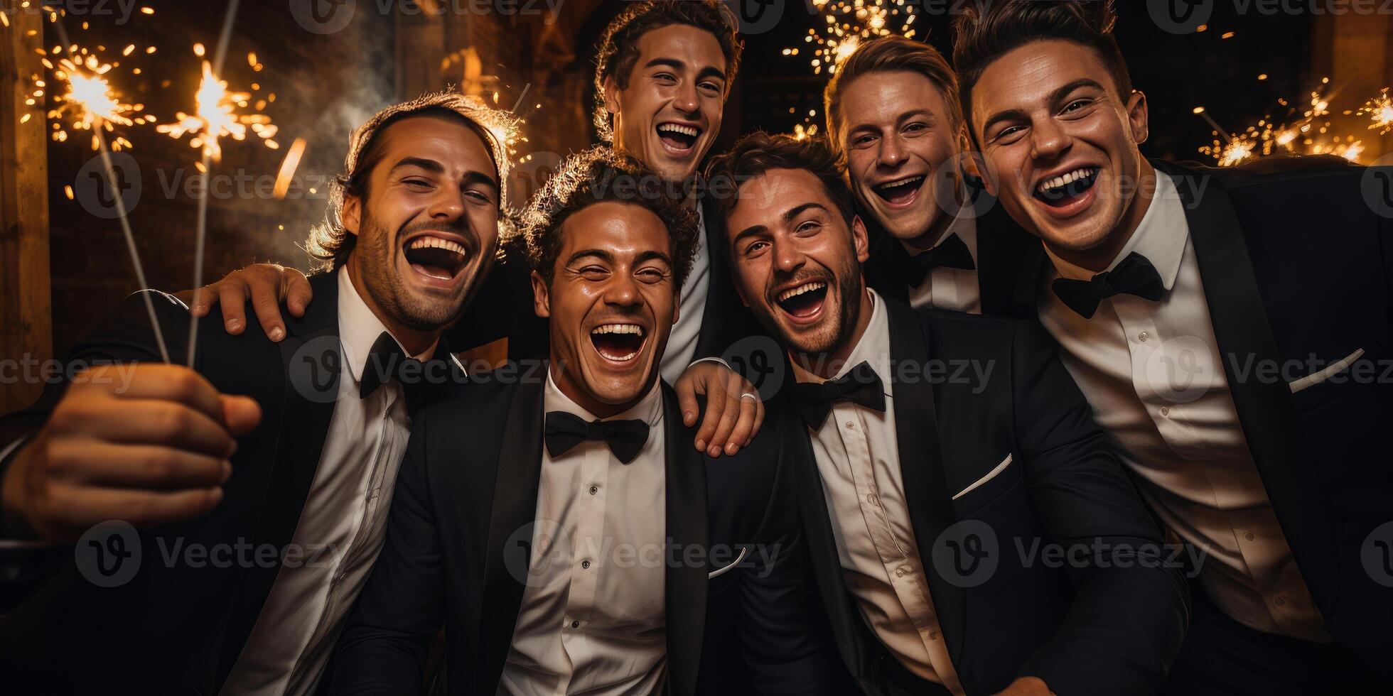 AI generated Friends, with an outdoor wedding selfie, celebrating happiness. Photo, happy friends. Generative AI photo