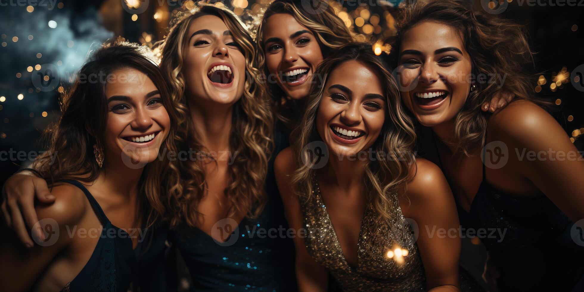 AI generated Beautiful happy women at a party taking a selfie. Holiday or Christmas concept. Generative AI photo