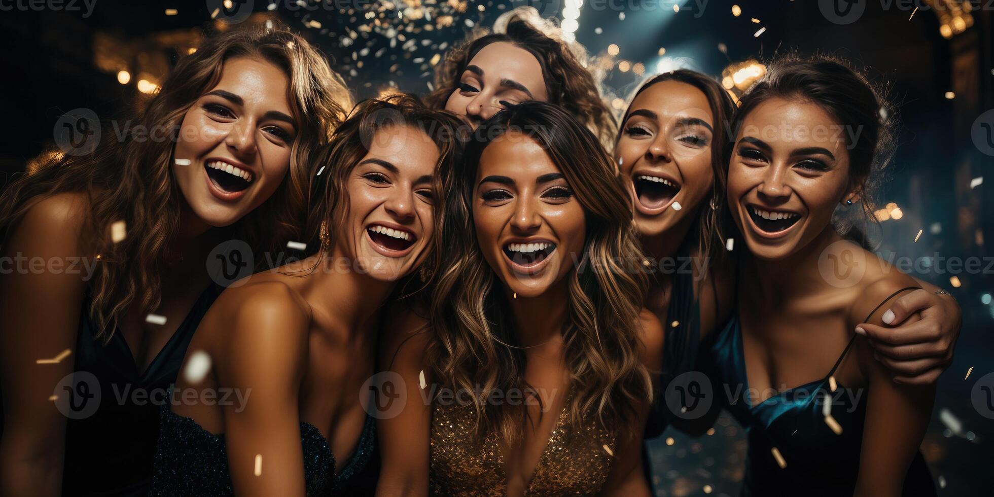 AI generated Beautiful happy women at a party taking a selfie. Holiday or Christmas concept. Generative AI photo