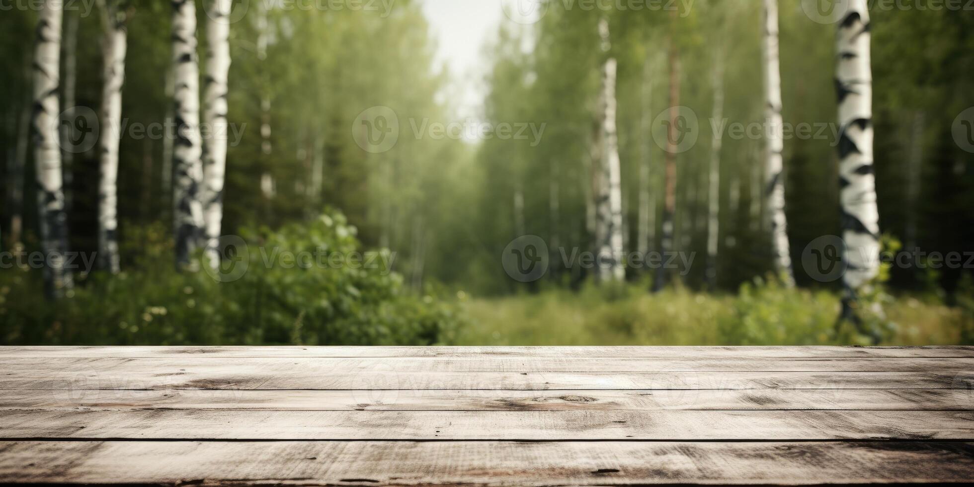 AI generated Wooden table with copy space against a background of beautiful birch trees. Generative AI photo