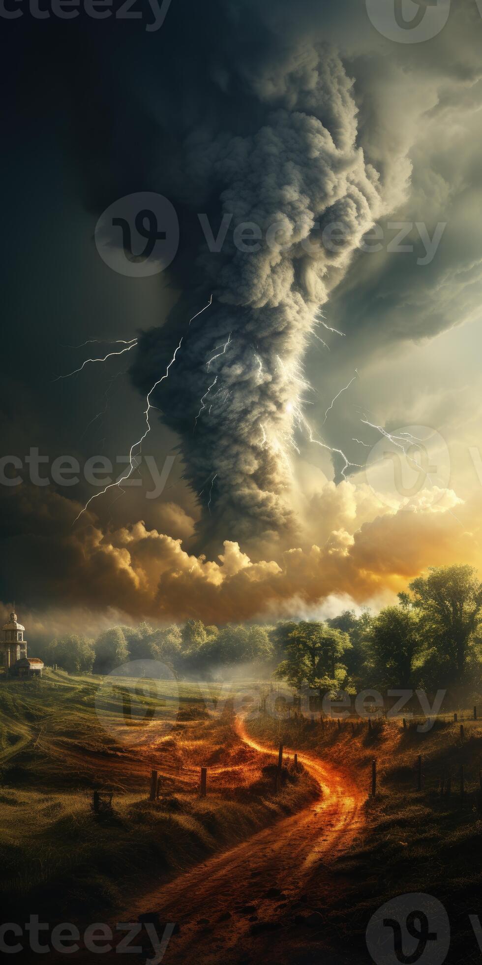 AI generated Tornado at sunset, hurricane close-up. Silent