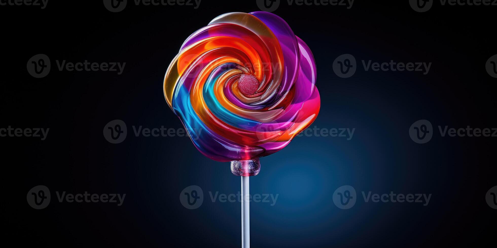 AI generated colorful Lollipop on black background, rainbow, sweet candy. Generative AI photo