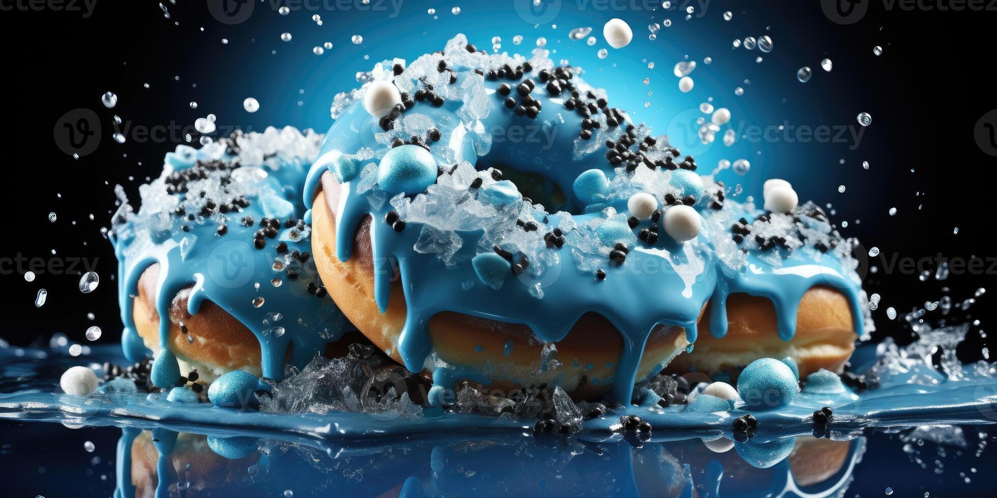 AI generated Appetizing and sweet donuts, blue sprinkles, space for text. Generative AI photo