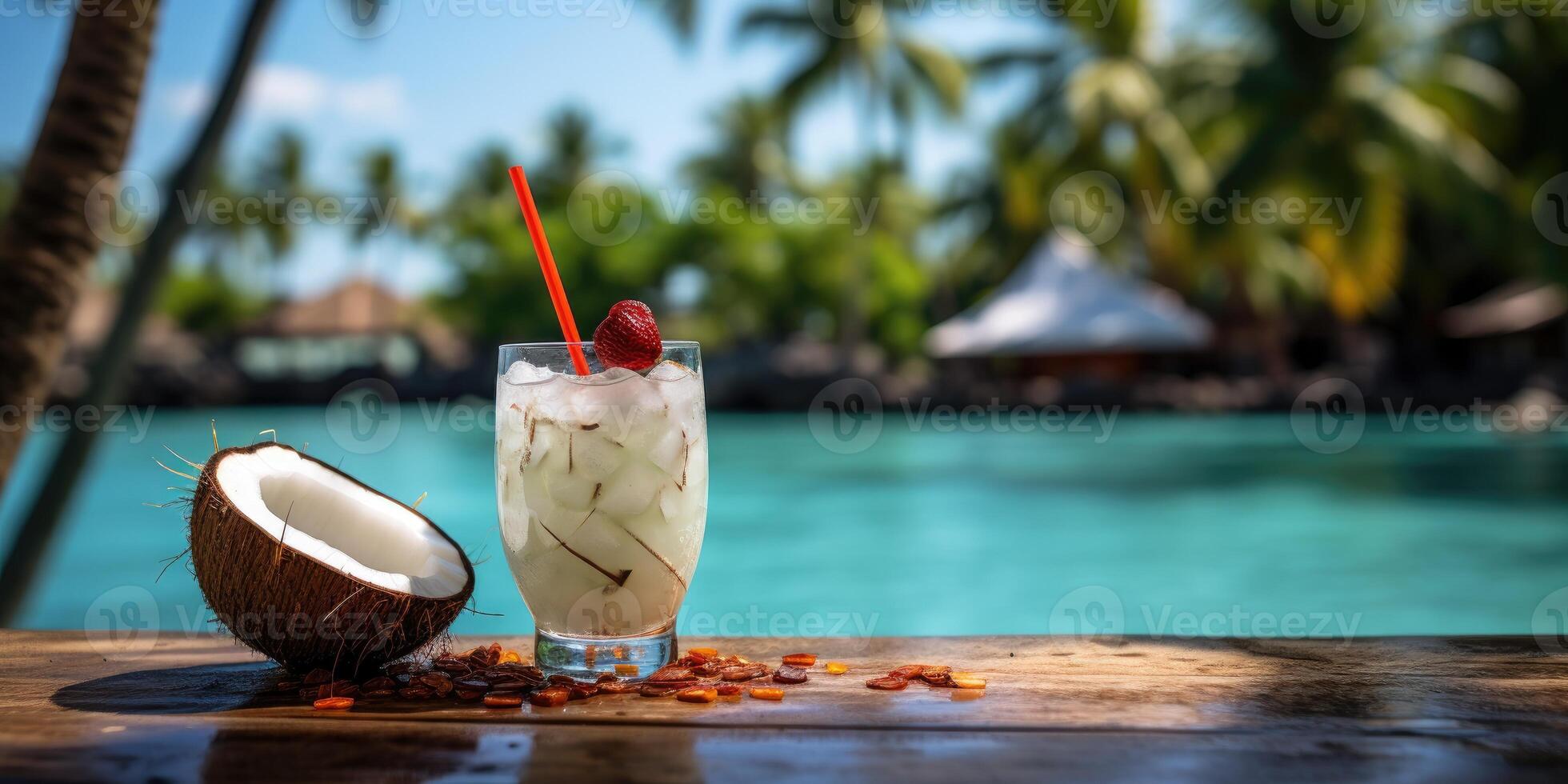 AI generated Cocktail on the beach or ocean. Drink with ice and coconut. Generative AI photo