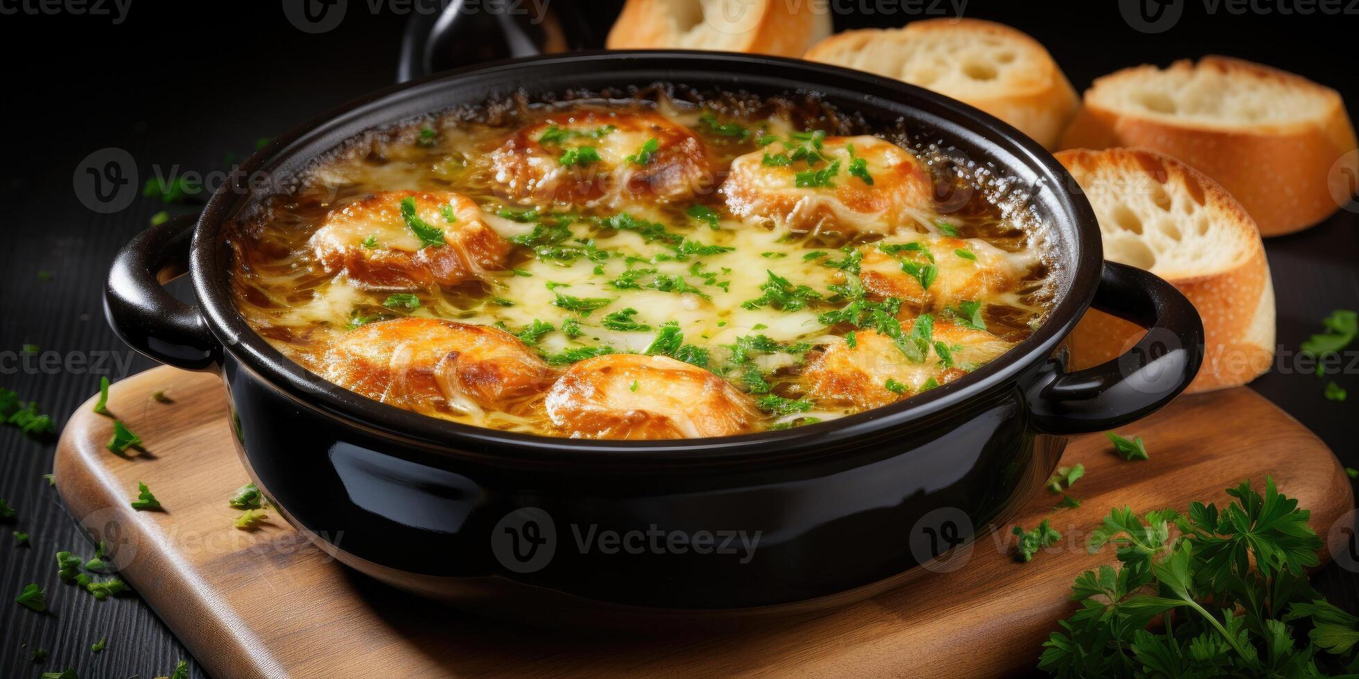 AI generated Traditional French onion soup in a black plate with a cheese crust and bread. Generative AI photo