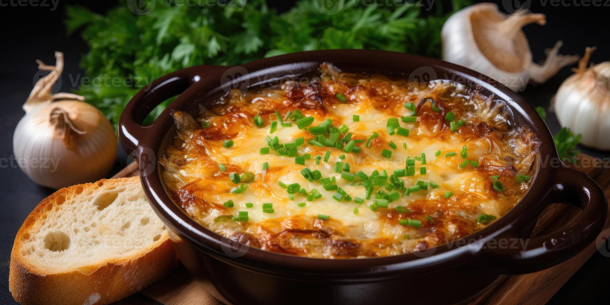 AI generated Traditional French onion soup in a black plate with a cheese crust and bread. Generative AI photo