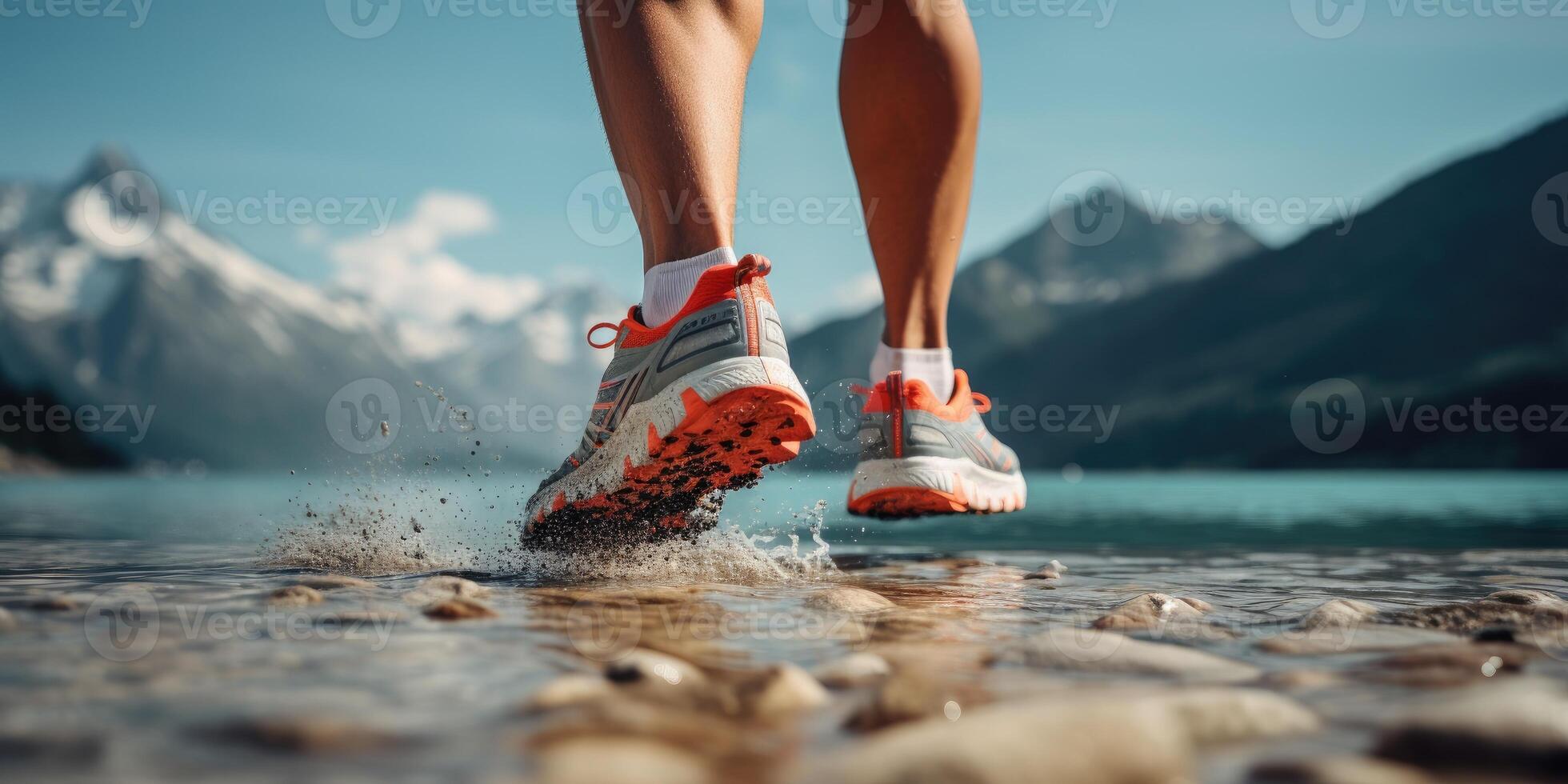 ai generado un atleta trota cerca un lago en contra el fondo de un montaña paisaje, generativo ai foto