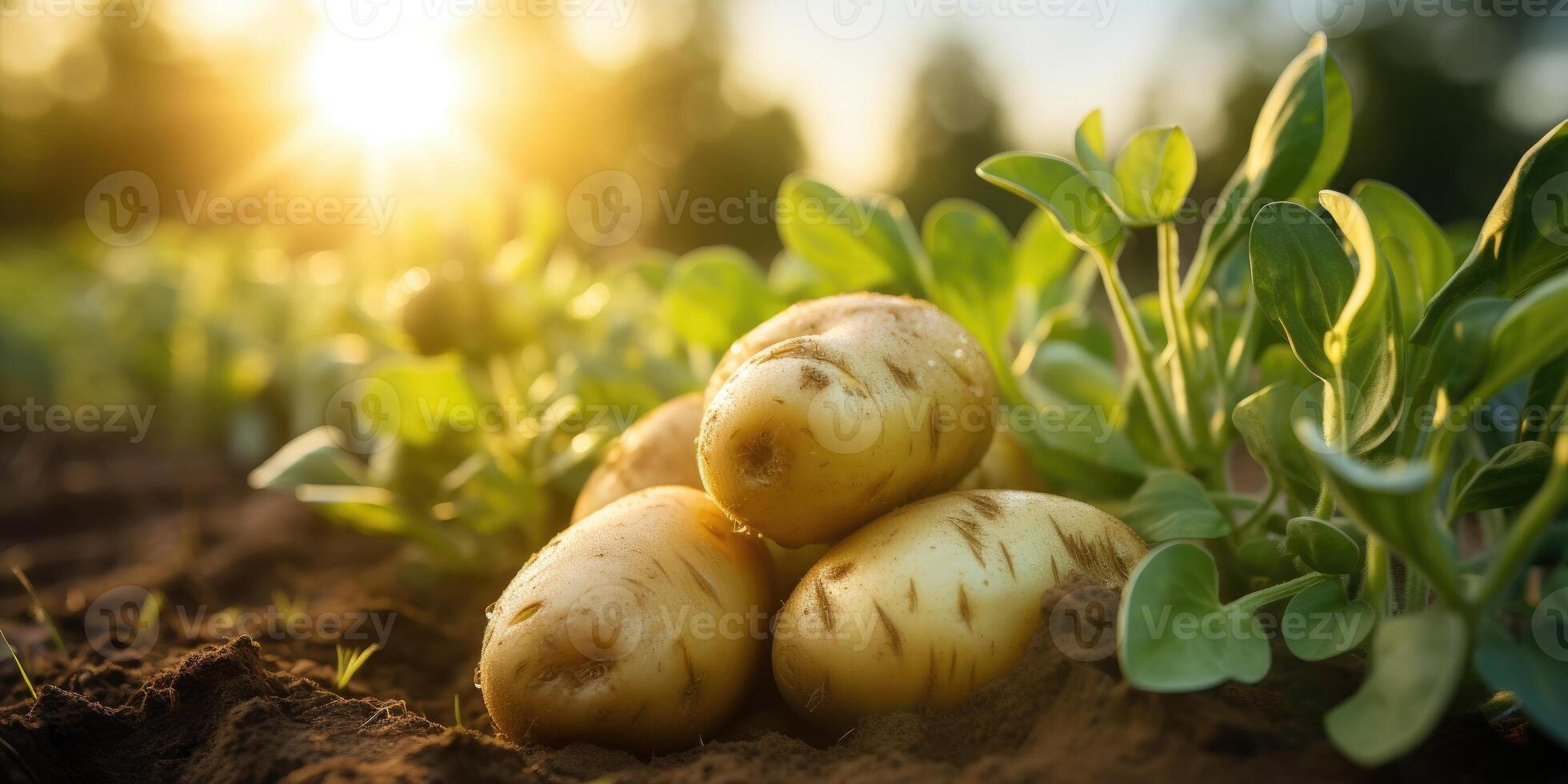 AI generated Organic potatoes close-up on the field, eco-friendly products. Generative AI photo