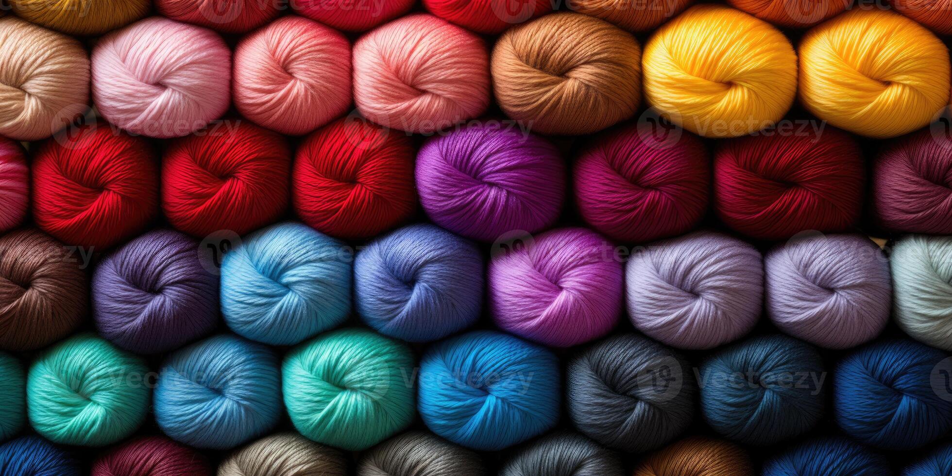 AI generated Lots of colorful and bright balls of wool and yarn. Top view, Generative AI photo