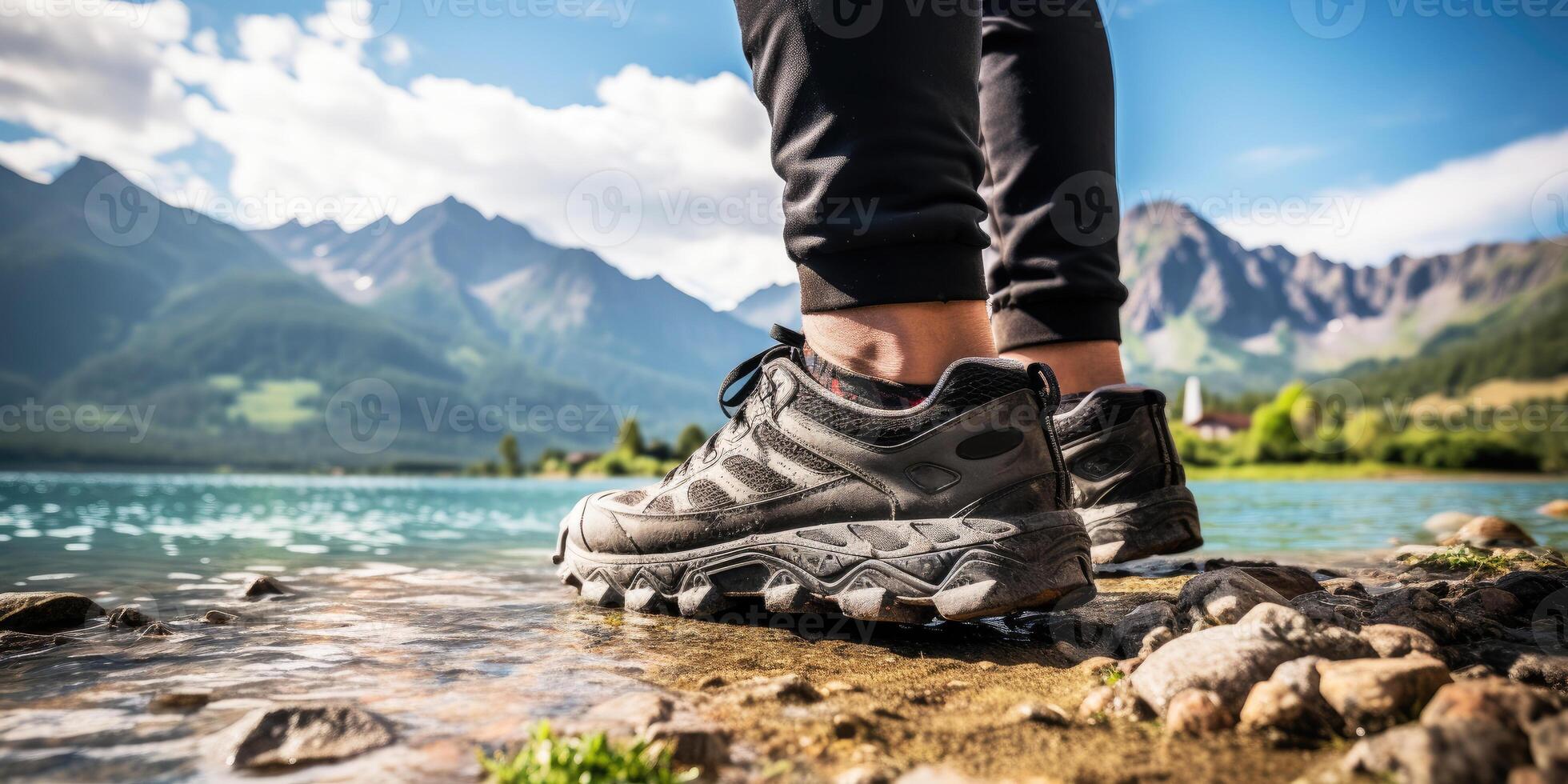 AI generated Athlete against the backdrop of a mountain landscape, low shot of the athlete's legs, Generative AI photo