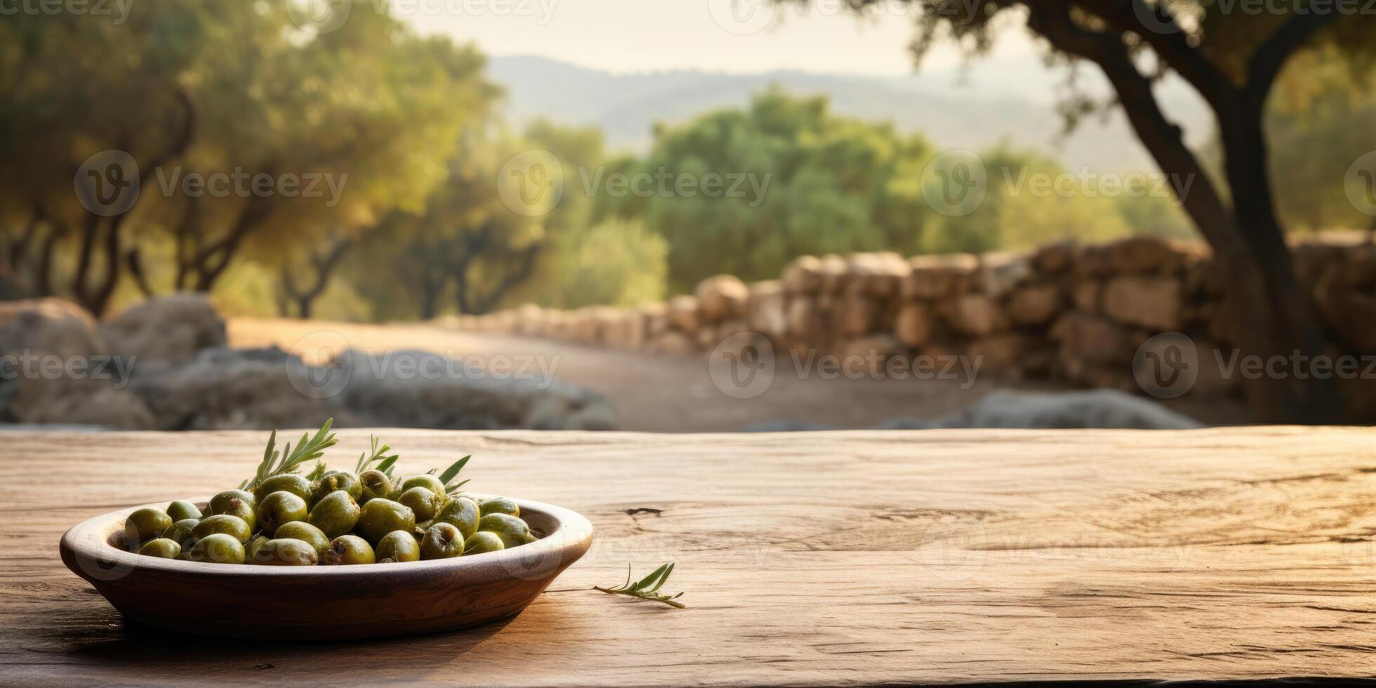 ai generado plato con aceitunas en un de madera mesa, en contra un antecedentes de aceituna arboles generativo ai foto