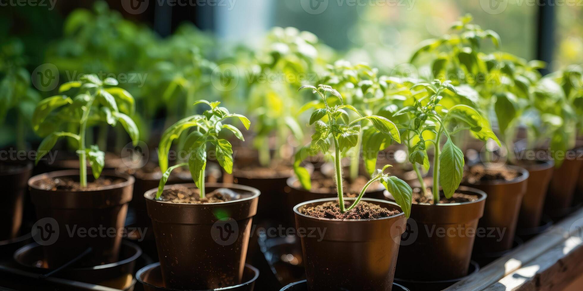 AI generated Young small tomato seedlings growing in pots on the windowsill at home. Generative AI photo