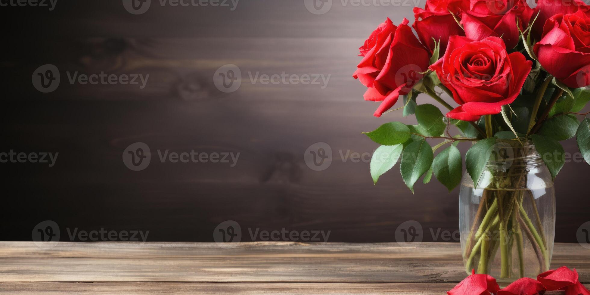 AI generated Bouquet of red roses in a glass vase on a wooden background, for advertising or text, Generative AI photo