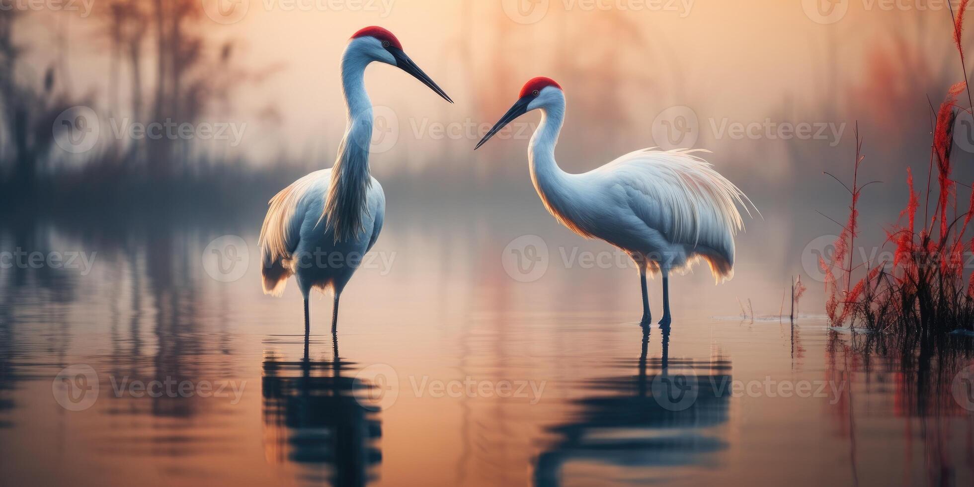 AI generated Beautiful sunrise, foggy lake. Cranes or herons. Theme of love and family in nature. Generative AI photo