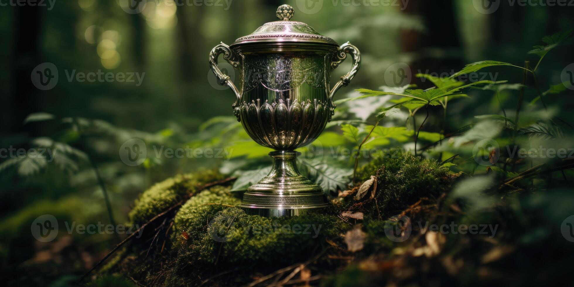 AI generated Magnificent Cup on a green background, cup in the forest. Generative AI photo