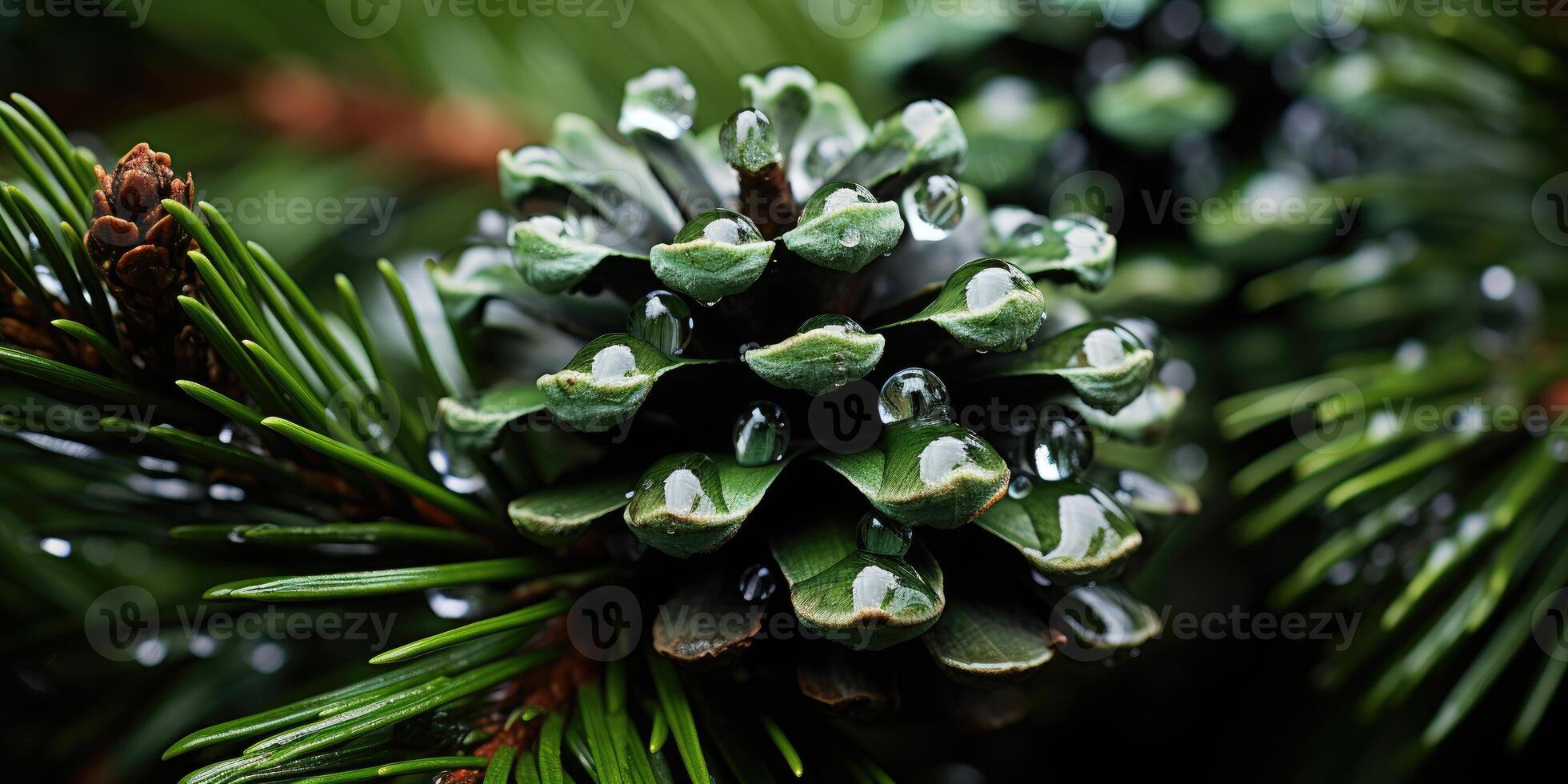 ai generado abeto o pino rama con conos de cerca con gotas de lluvia. generativo ai foto