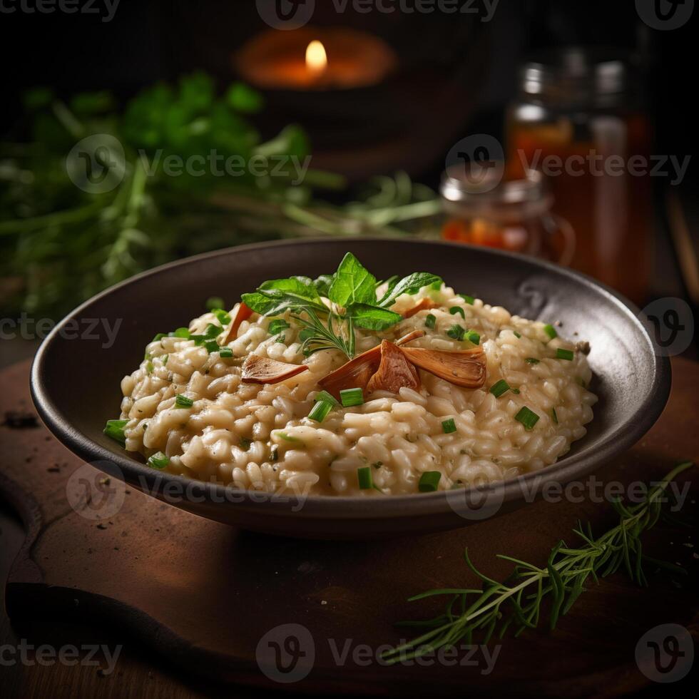 ai generado risotto italiano restaurante alimento, negro fondo, realista foto