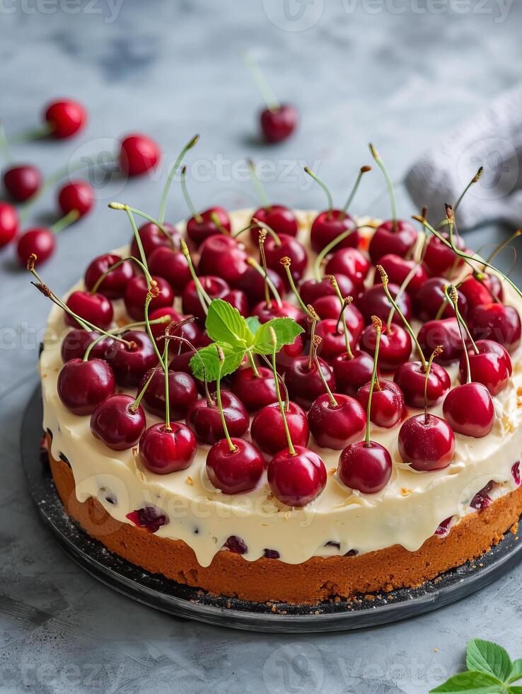 AI generated a delicious cherry cheesecake dessert photo