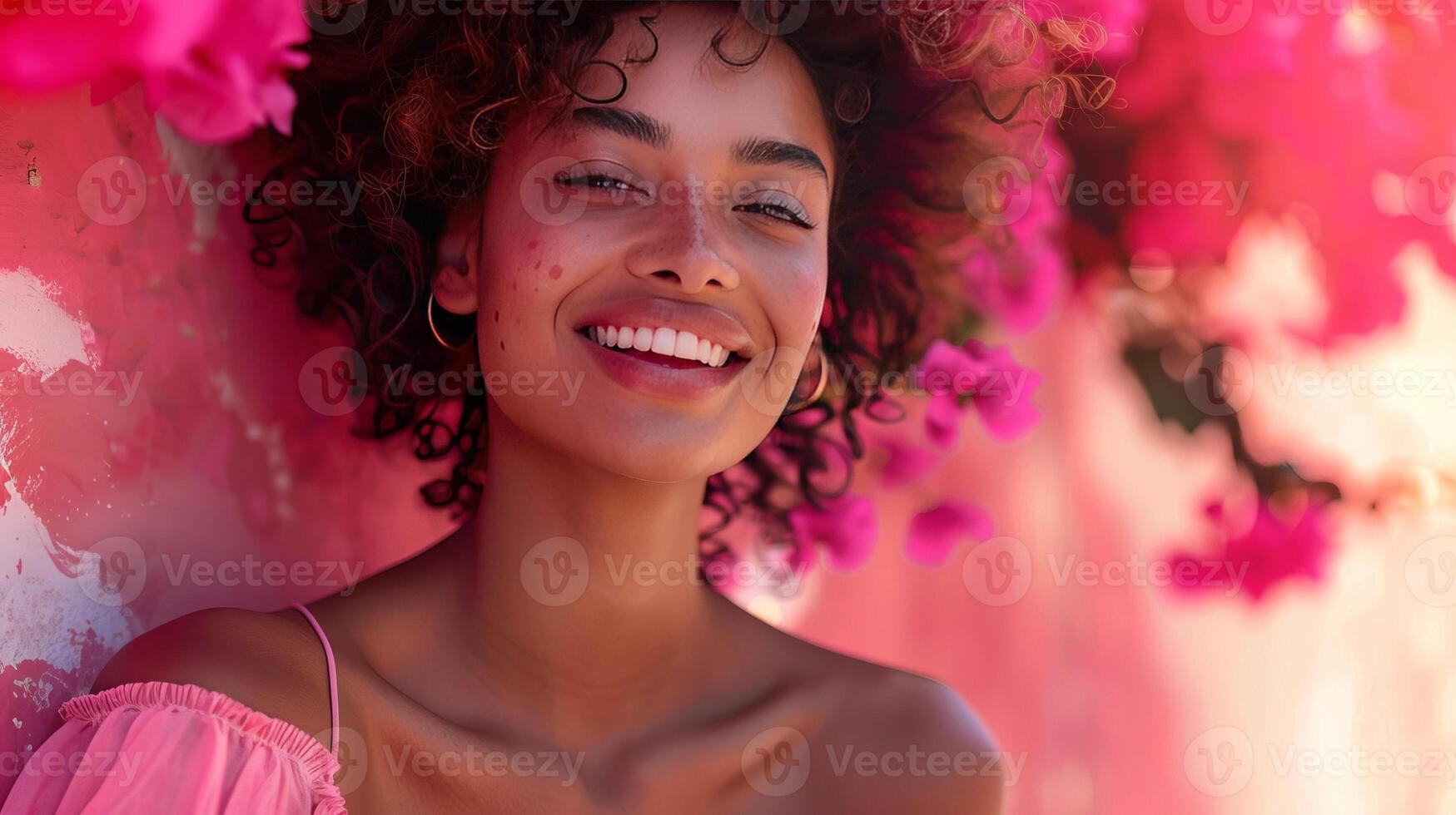 ai generado un hermosa mujer, sonriente y baile, vestido en rosado foto