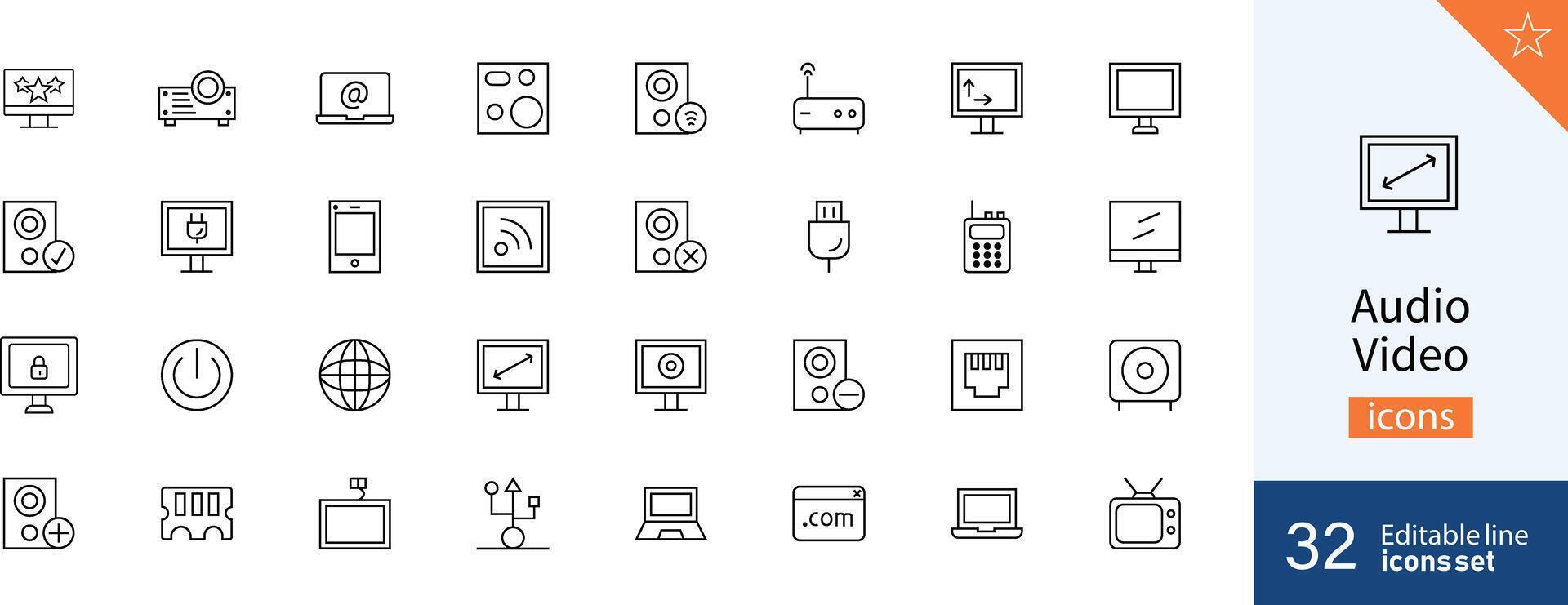 Set of 32 Audio and video web icons in line style. Voice, radio, music streaming, photography. Vector illustration.
