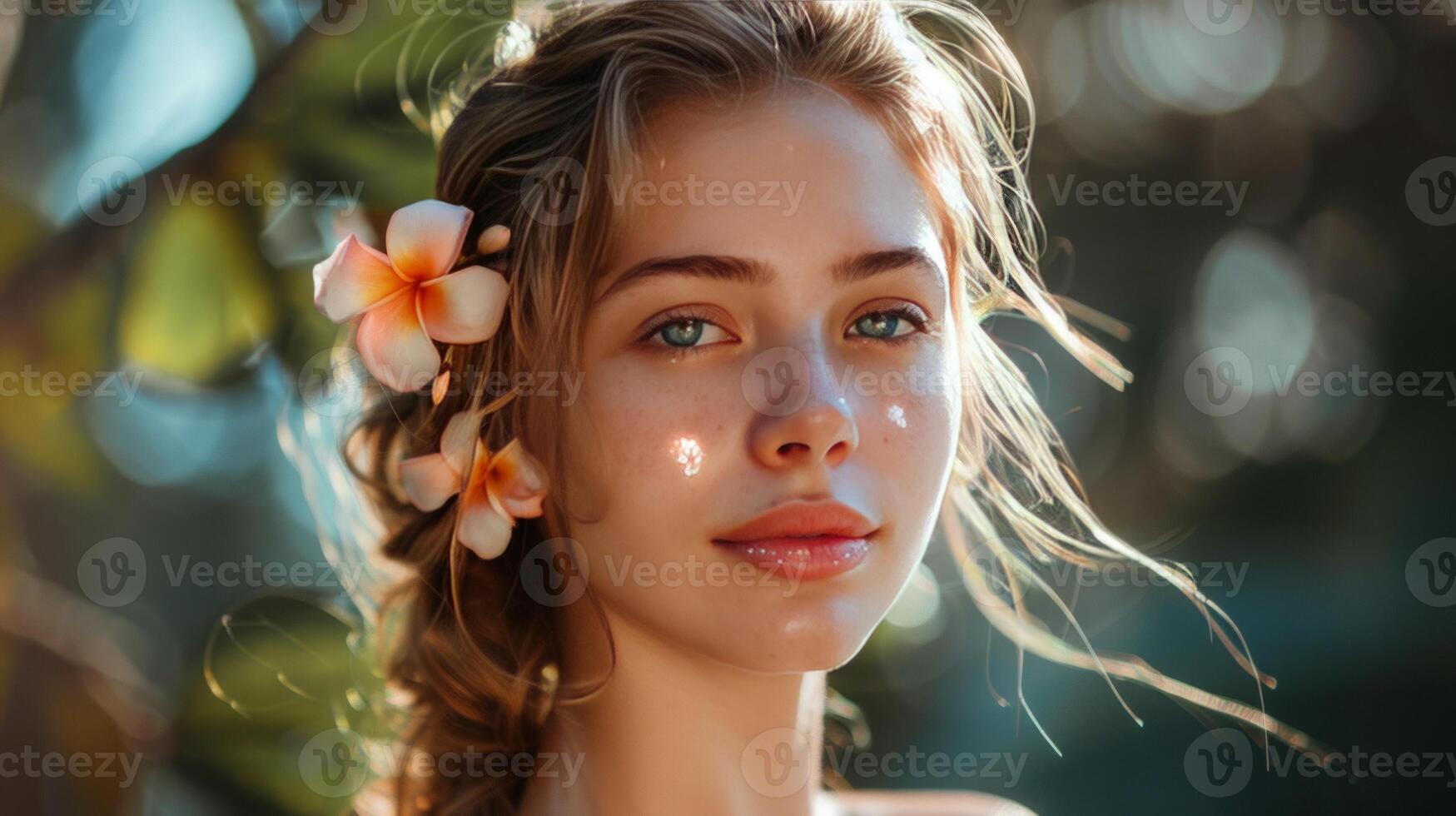 ai generado un hermosa mujer es sonriente y participación un flor foto