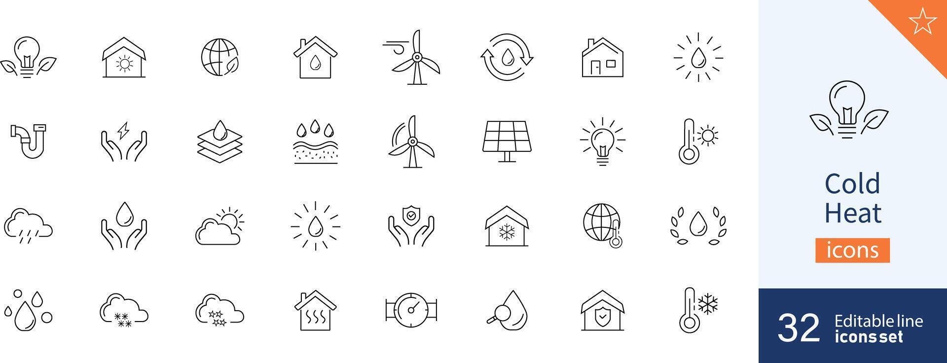 Set of 32 Cold Heat web icons in line style. weather, wind, climate, water. Vector illustration.