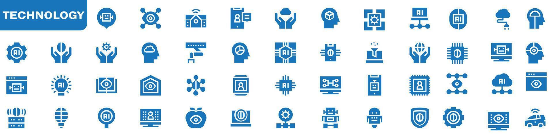 Technology flat icons set. Robots, biometrics, innovation, smart, blockchain. Flat icon collection. eps 10 vector
