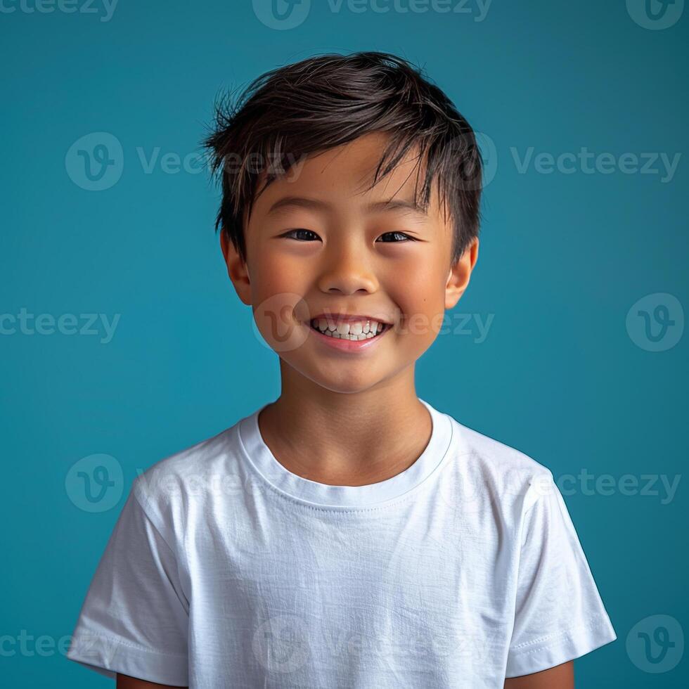 AI generated Young asian boy 10 years old, wearing white t-shirt, portrait photo