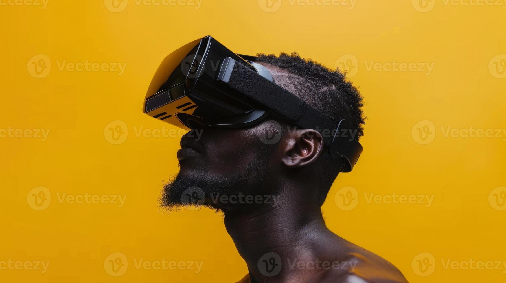 ai generado afro americano hombre con vr anteojos, virtual realidad lentes foto