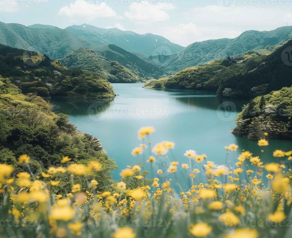 ai generado primavera paisaje con un lago foto