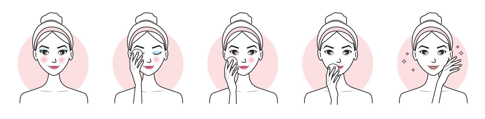 Step of cute woman remove makeup from face set vector illustration isolated on white background. Makeup remover, mascara, eyeliner, foundation, blush, lipstick and lip color with cotton pad.