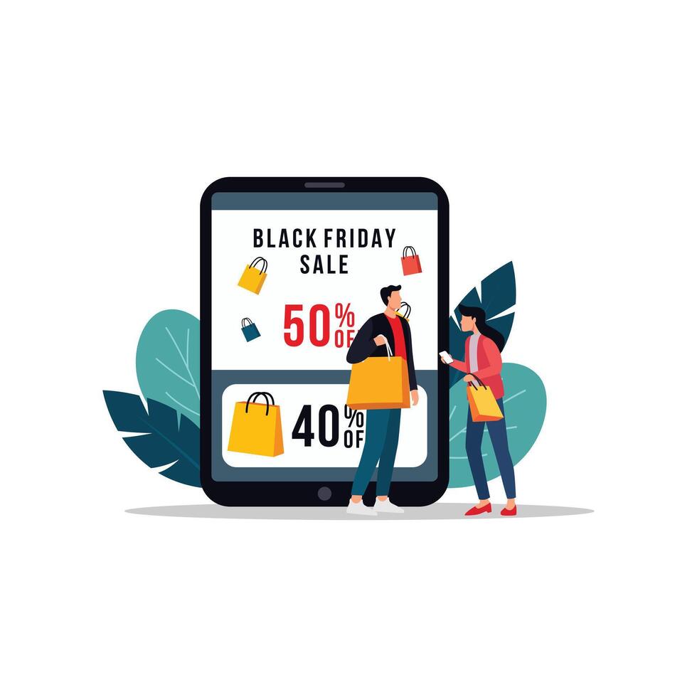 en línea compras frenesí en plano diseño ilustración para negro viernes tema. vector