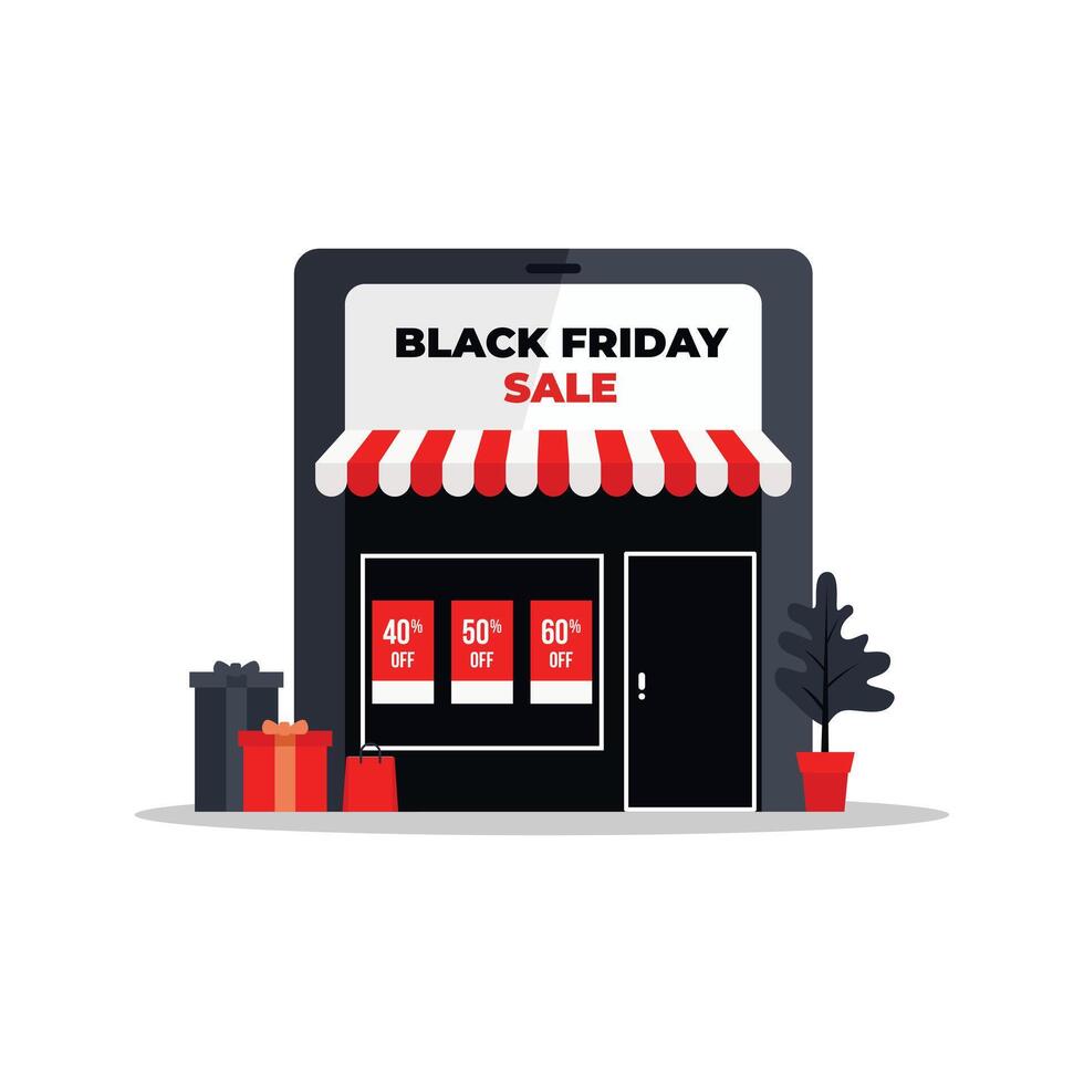 Online Store Decked for Discounts for Black Friday Flat Design Illustration. vector