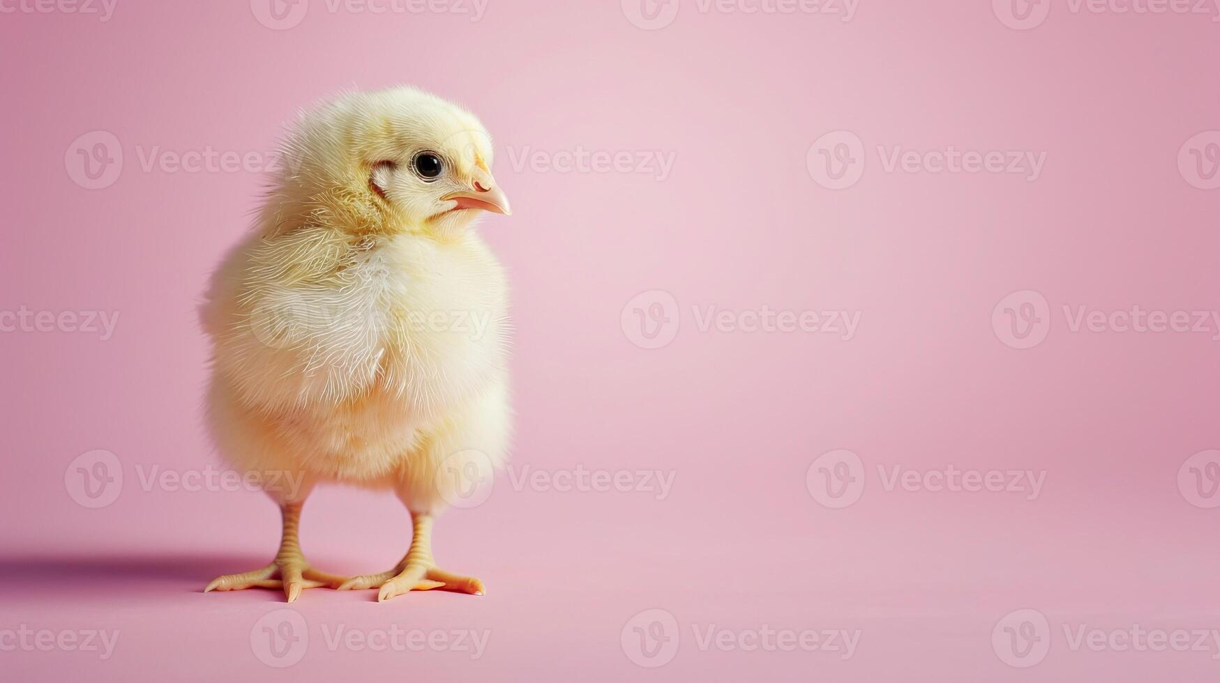 ai generado un pequeño amarillo pollo en un pastel rosado antecedentes foto