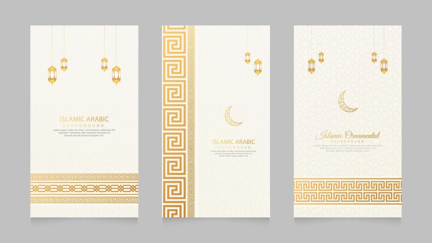 Eid Mubarak and Ramadan Islamic Realistic Social Media Stories Collection Template with Greek Pattern Brushes Borders vector