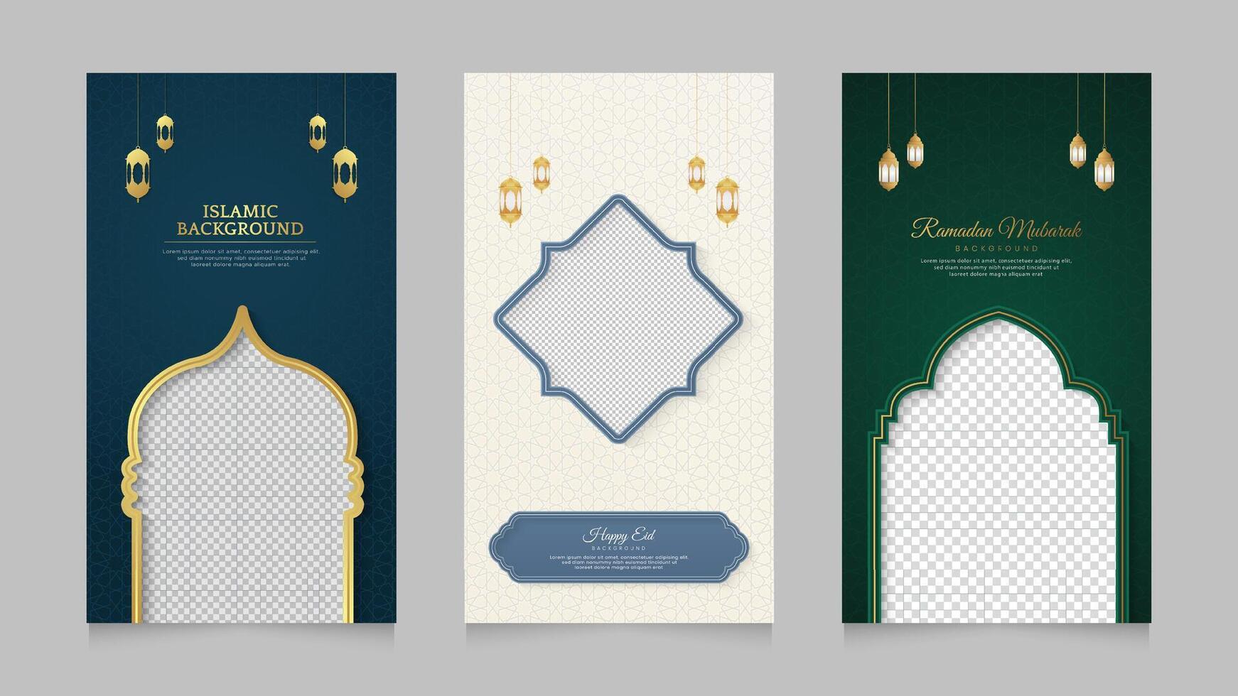 eid Mubarak y Ramadán blanco lujo islámico Arábica realista social medios de comunicación cuentos colección modelo con vacío espacio para foto vector