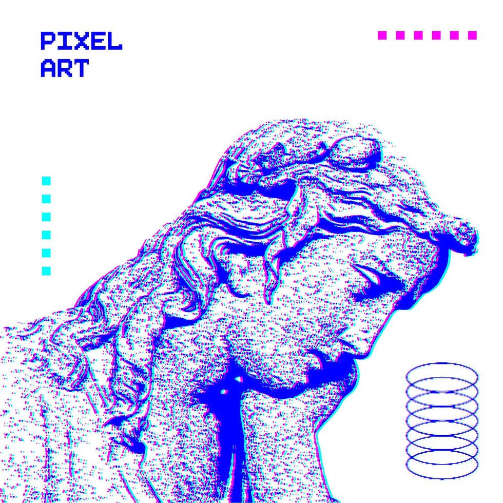 Abstract dot halftone glitched ancient classical sculpture from 3D rendering. Vintage PC pixel art with dotted female statue. illustration. vector