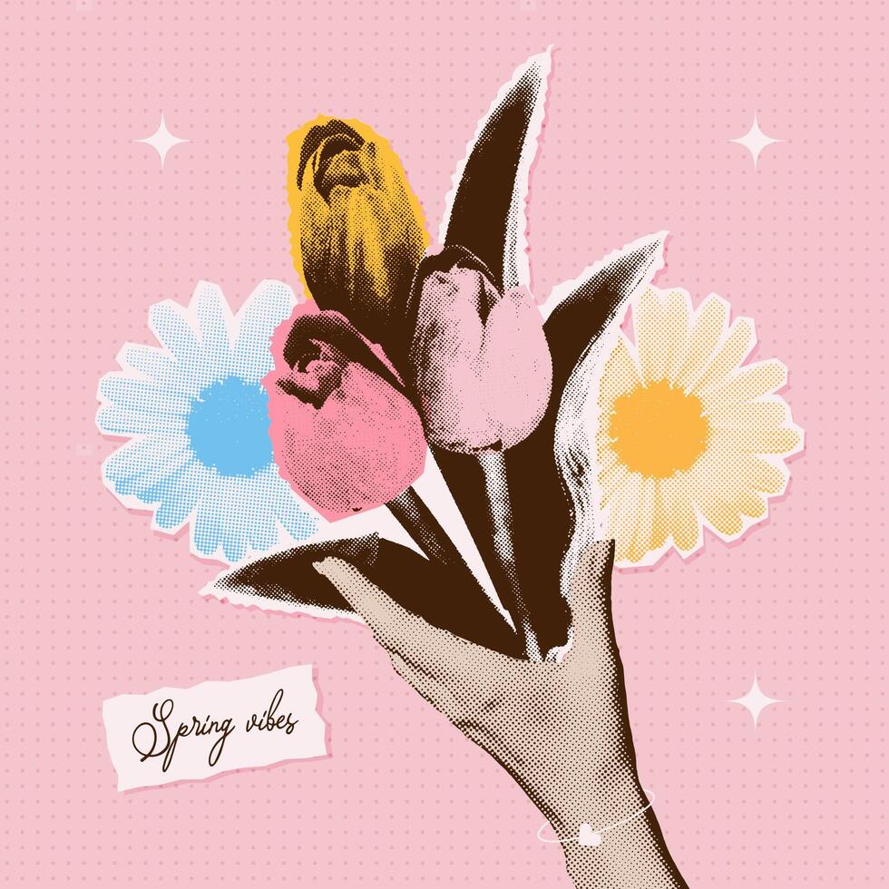 Halftone hand holding bouquet of retro flowers collage elements. Trendy modern retro sticker for Spring vibes, Mother s day, Birthday. illustration with isolated elements. vector