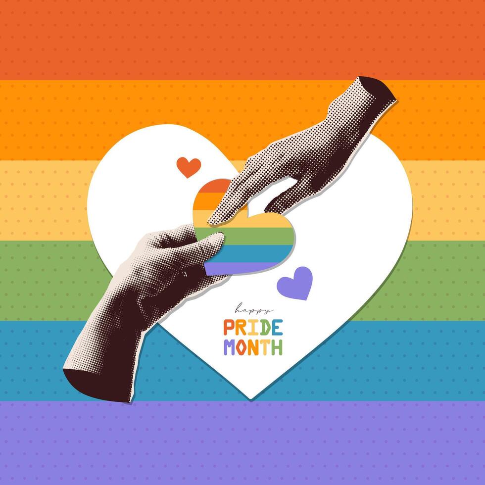 Retro nostalgic banner for Pride Month 2024. Halftone hands holding striped heart. Vintage collage with rainbow elements for decoration of LGBT events. Hand gesture with dotted texture. design vector