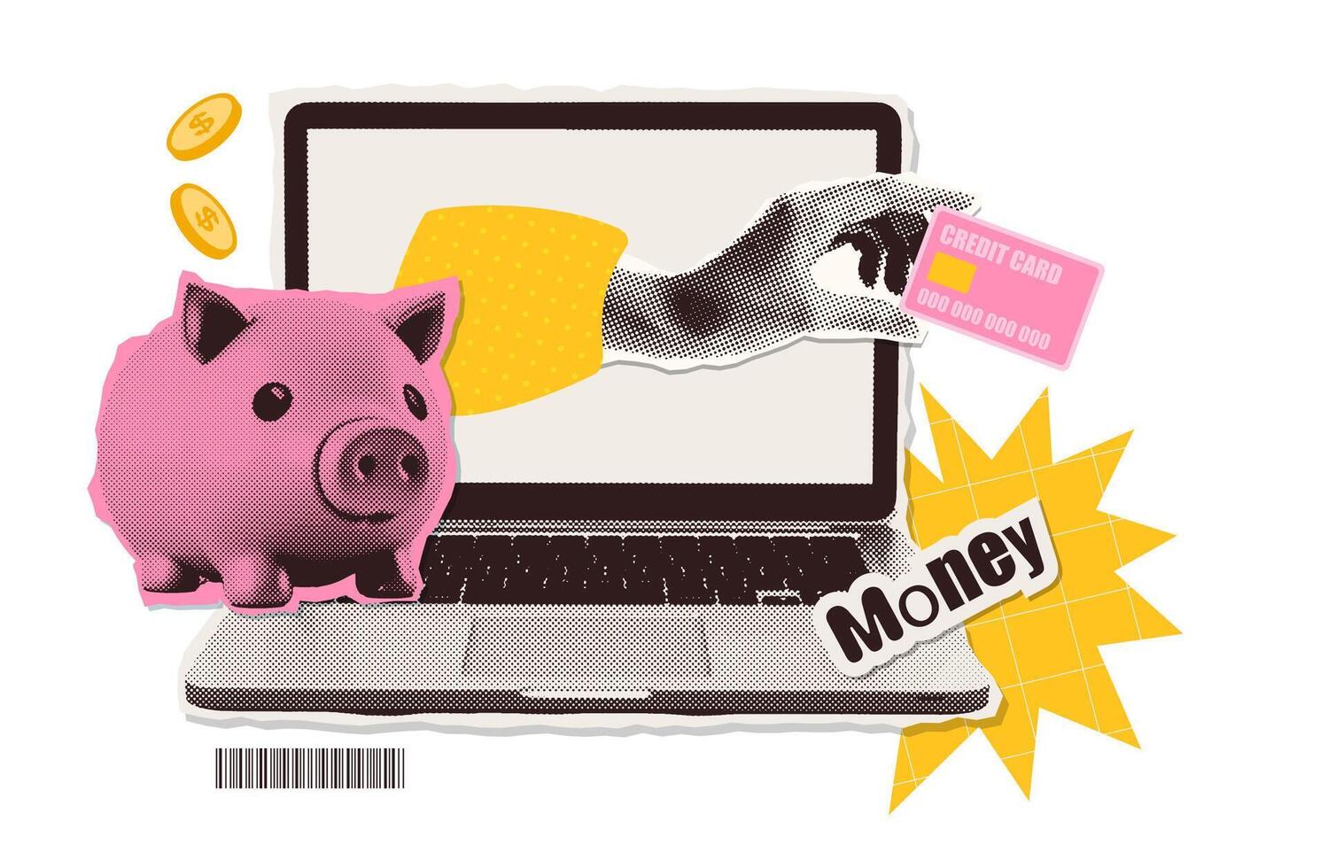 Trendy Halftone Collage with online payment metaphor. Hand sticking out of laptop screen with piggy bank and Floating Coins. Financial planning. Cashback concept. Save money. Earn and pay. vector