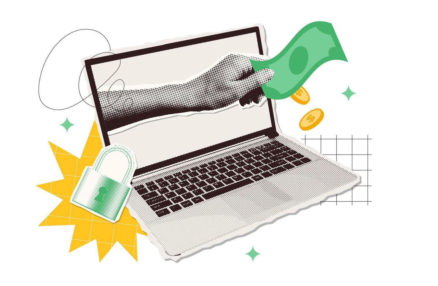 Trendy Halftone Safe Online Payments Halftone Collage. Hand from computer monitor holds money. Financial transactions and investments. Currency exchange concept. Y2k illustration vector