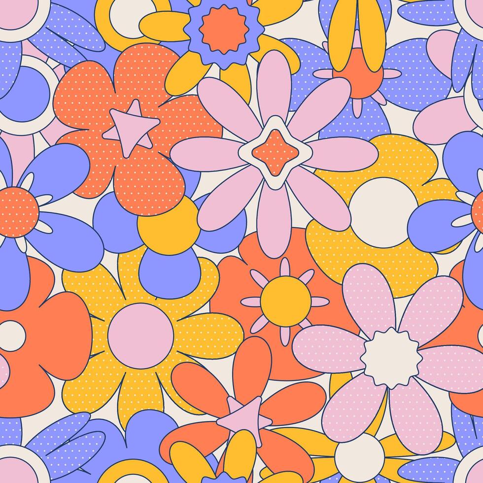 Seamless pattern with colorful groovy hippy flowers . 70s, 80s, 90s vibes polka dot texture. Abstract daisy and camomile Vintage nostalgia elements. Geometric illustration. vector