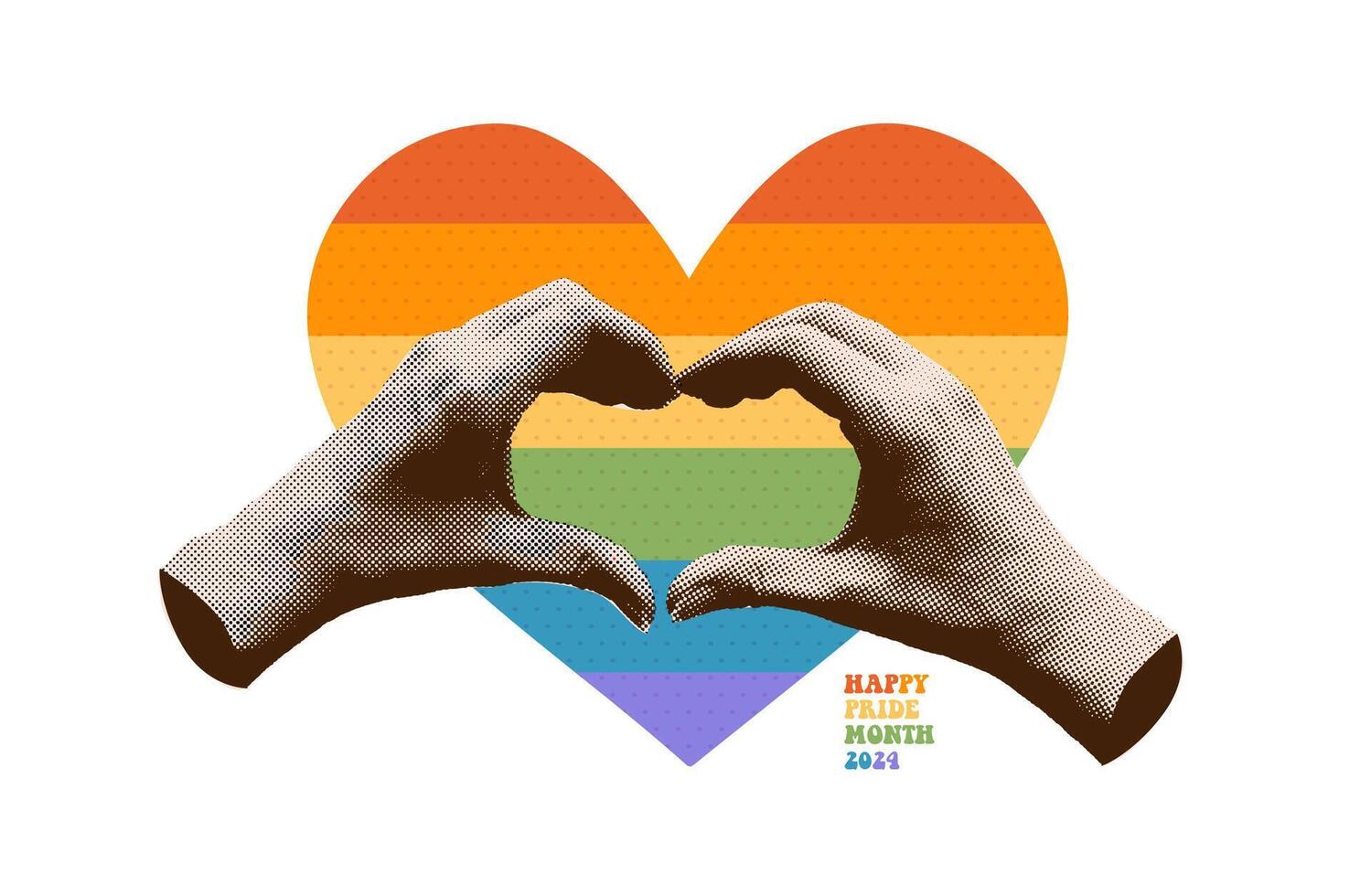 Trendy halftone collage for Pride month banner template. Heart shaped hands with heart shaped LGBT rainbow emblem. Gender, diversity, unity concept. vintage illustration vector