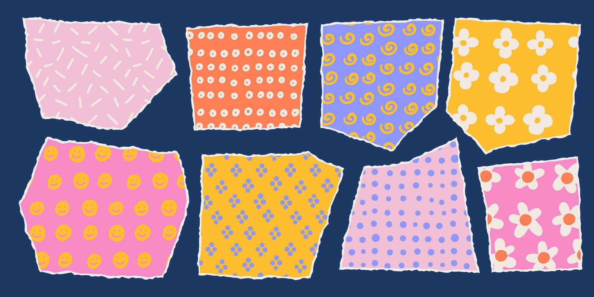 Collage torn out Paper Shape Set in Contemporary Style with cute hand drawn patterns. Abstract Colourful sheets isolated on a dark background. vector