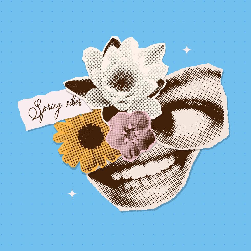 Spring vibes card with Smile on female lips, happy eye and flowers in halftone art collage. Good mood, positive emotion, bright sunny day banner. Mixed art illustration. vector