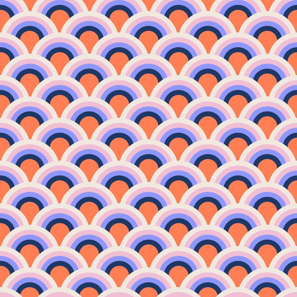 Fish scale abstract geometric groovy seamless pattern. Colorful striped half circles 70s style nostalgic retro background. Summer flat illustration. vector