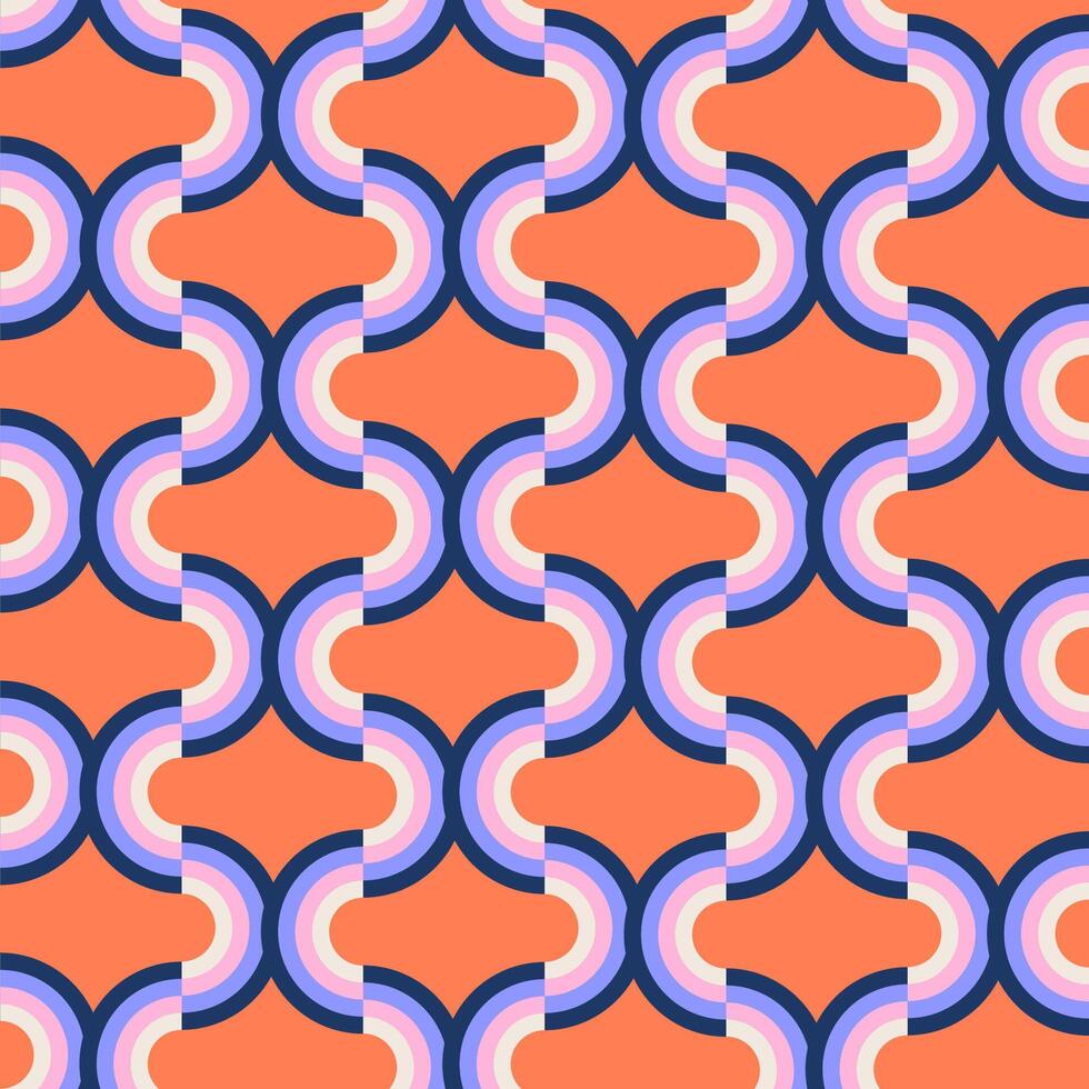 70s-80s Trippy Groovy Seamless Pattern. Psychedelic geometric vintage wallpaper made with arcs, flat illustration vector