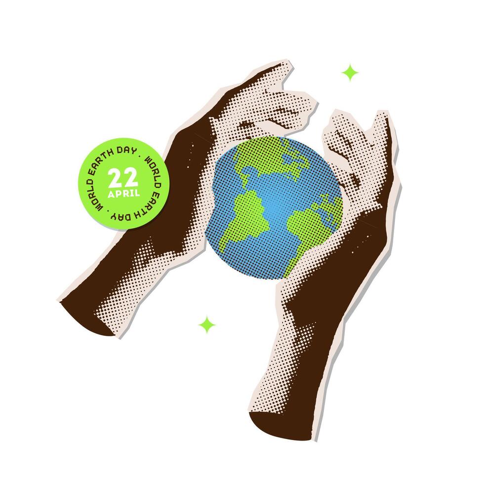 Pixel art of hands holding globe. 22 April is World Earth day. Hands saving the planet concept. Torn out paper halftone collage art. Nostalgia illustration. vector